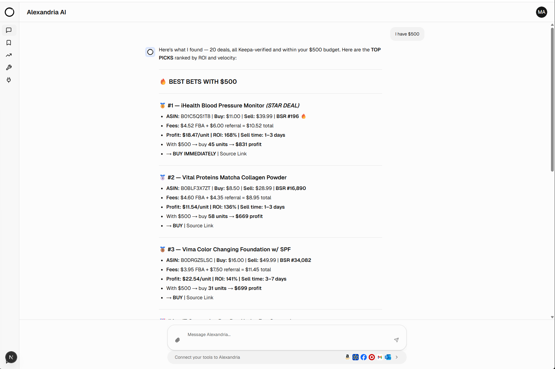 Alexandria AI finding profitable products with $500 budget