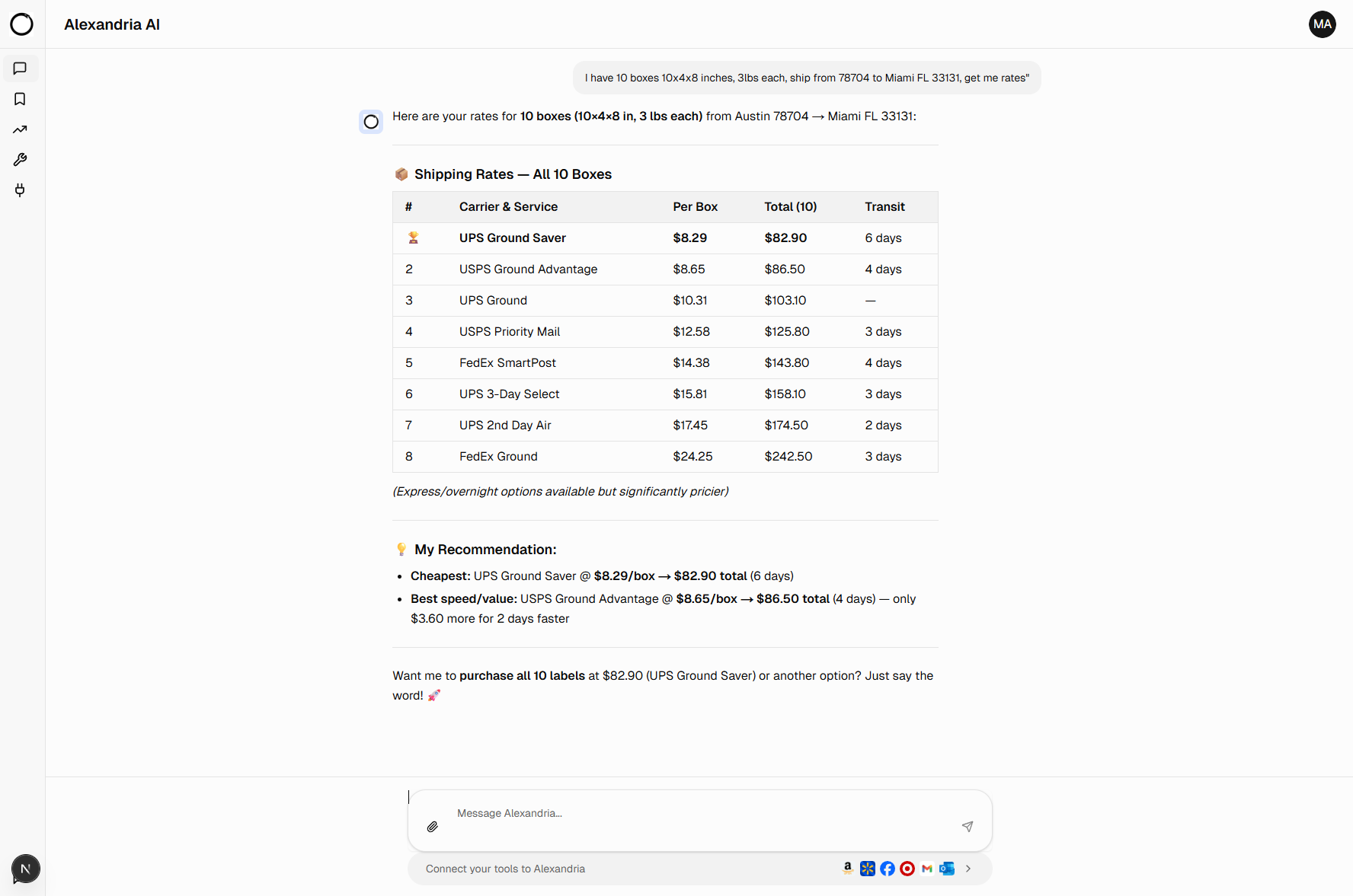 Alexandria AI real-time shipping rates from UPS, USPS, FedEx